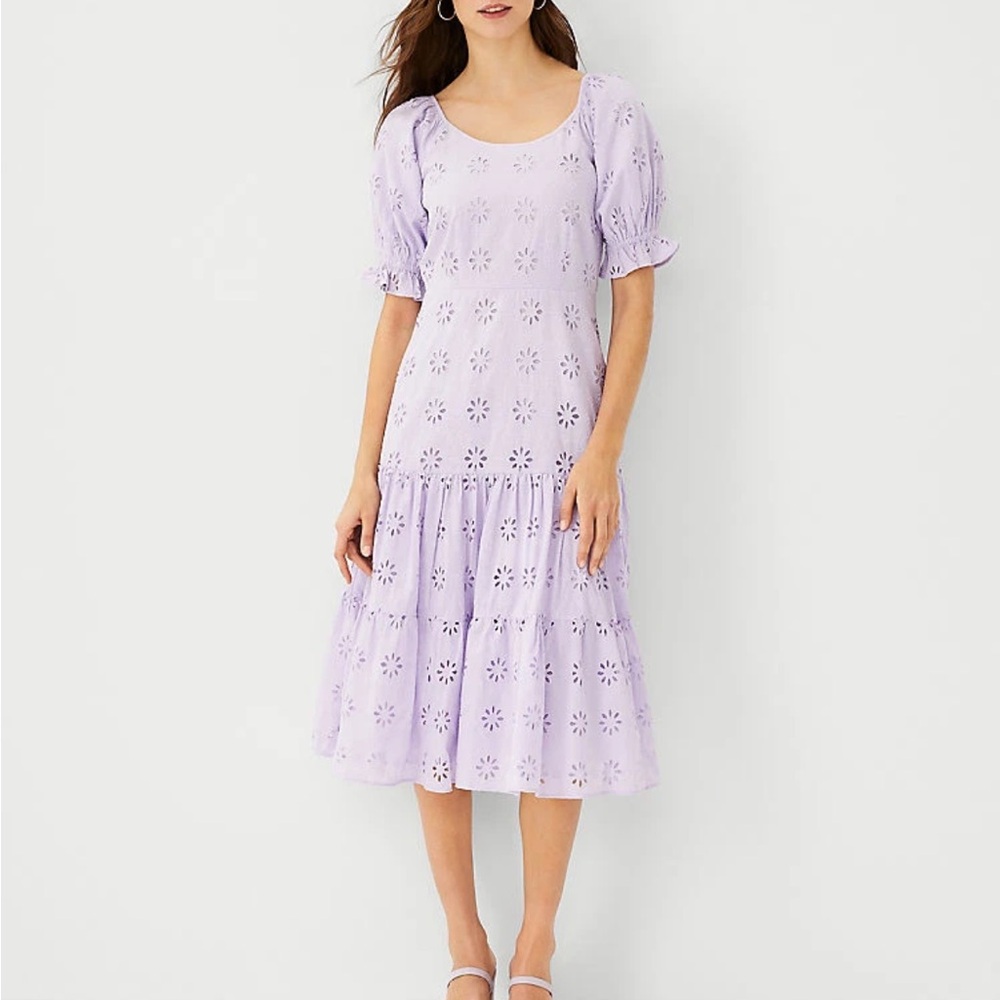 Ann Taylor Lavender Eyelet Puff Sleeve Midi Dress